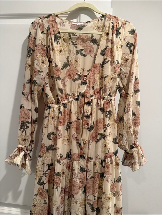Mable Dresses & Skirts - Floral Button-Front Long Sleeve Maxi Dress in Cream and Rose